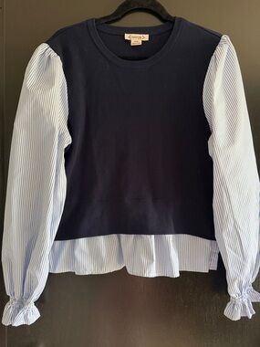 Nanette Lepore Navy Top with Light Blue & White Striped Sleeves